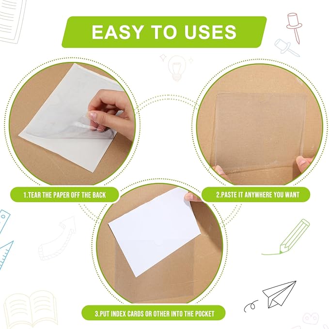 Chinco 50 Pack 4" x 6" Clear Adhesive Pockets, Index Card Pockets - Image 8