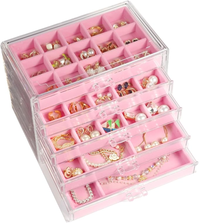 5 Drawers Clear Jewelry Box for Women and Girls, Acrylic Earring Holder by GUOER