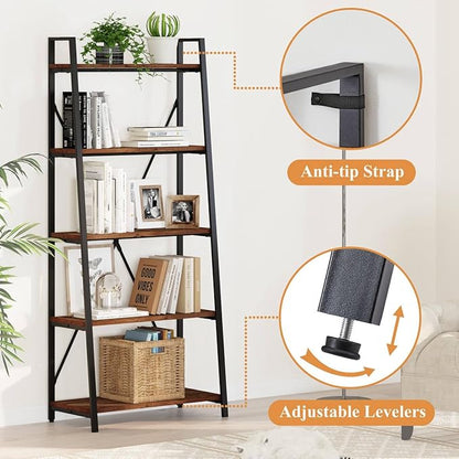 BON AUGURE Ladder Shelf Bookcase, 5-Tier Industrial Ladder Bookshelf, Tall - Image 3