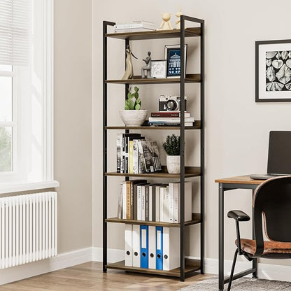 NUMENN Bookshelf, 6 Tier Freestanding Shelving Unit, Dark Walnut | Metal Frame - Image 5