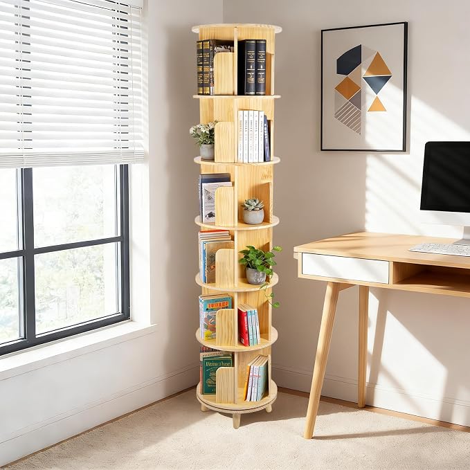 6 Tier Rotating Bookshelf Tower, Solid Wood Bookshelf by HAPPCUCOE