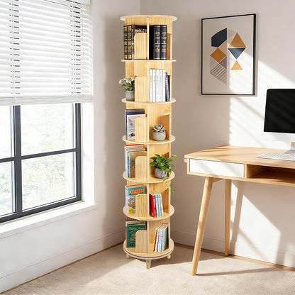 6 Tier Rotating Bookshelf Tower, Solid Wood Bookshelf by HAPPCUCOE