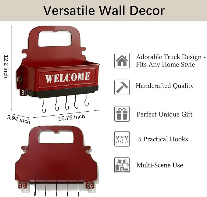 Truck Farmhouse Key Rack & Rustic Metal Wall Planter, Wall Mounted Flower Pot - Image 3