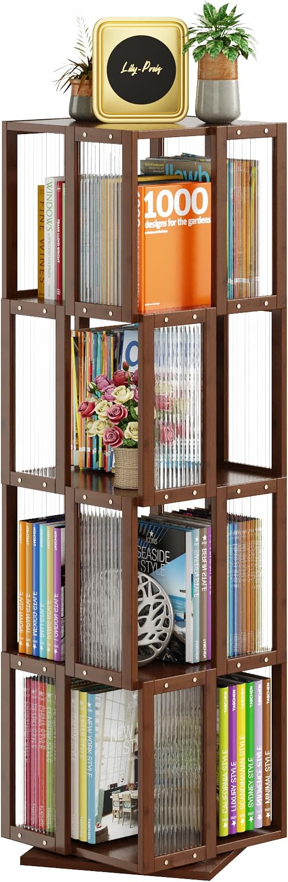BAMEOS Rotating Bookshelf Tower 4 Tier, 360 Spinning Bookcase by BAMEOS