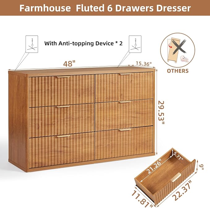 LEYAOYAO Fluted 6 Drawers Dresser, Curved Profile Design, Dresser TV Stand - Image 2