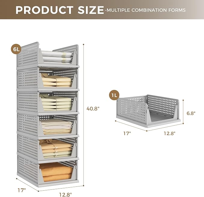 Pinkpum 6 Pack Closet Organizer Storage Bins Stackable Plastic Drawer Shelf | - Image 3