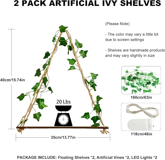 Artilady 2 Pack Artificial Ivy Wall Hanging Shelves Boho Floating Shelves Wall - Image 2
