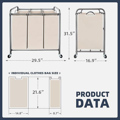 STO STO Laundry Sorter 3 Section, 3 Bag Laundry Hamper, Rolling Laundry Cart - Image 6