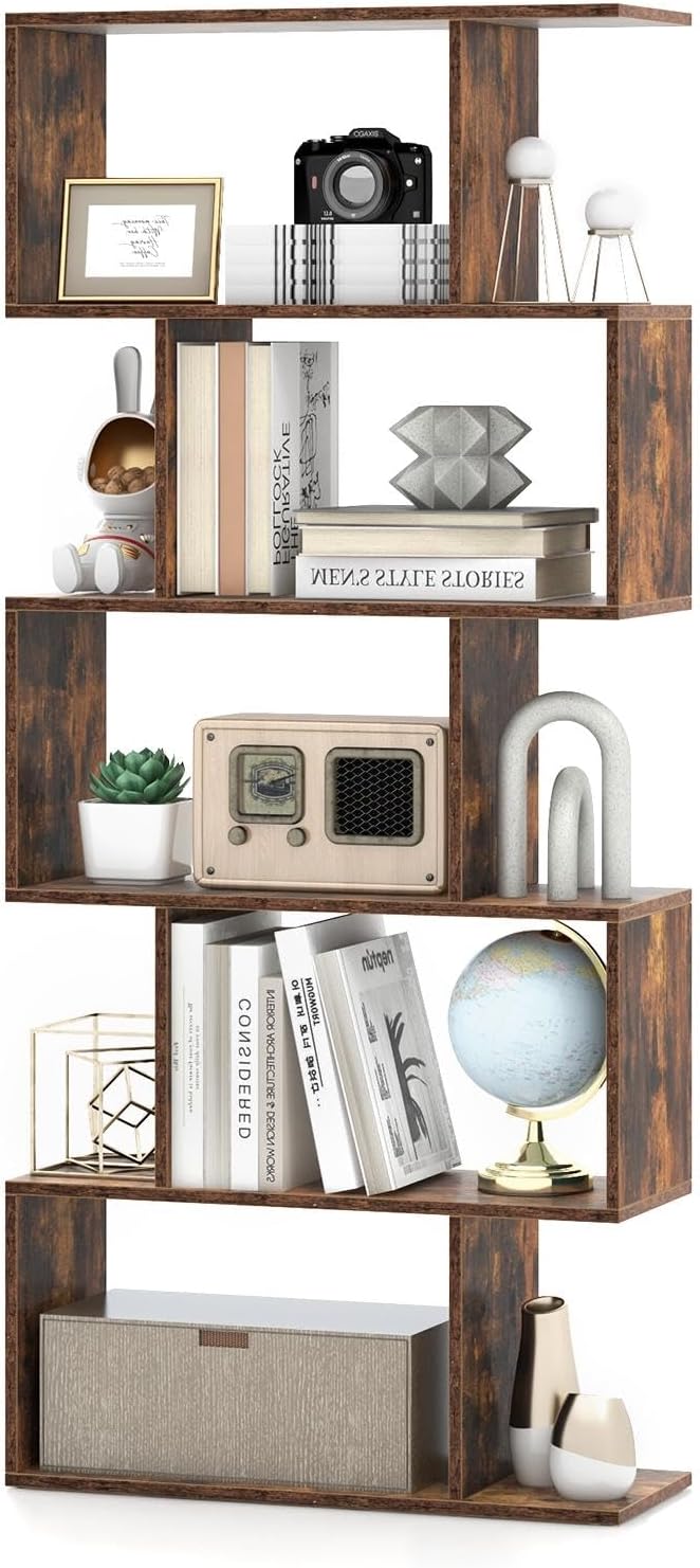 5-Tier Geometric Bookcase, 62.5” Freestanding Room Divider Bookshelf by Unknown