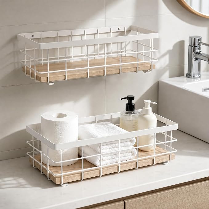TJ.MOREE Small Metal Wire Basket, Decorative Wood Base Organizer by TJMOREE