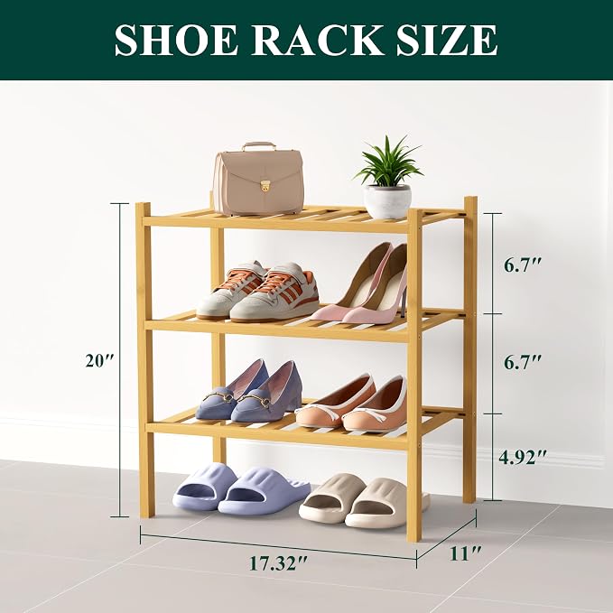 Smiry Bamboo Shoe Rack for Closet, 3 Tier Small Wooden Stackable Shoe Organizer - Image 2