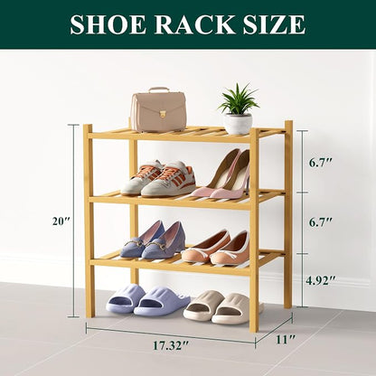 Smiry Bamboo Shoe Rack for Closet, 3 Tier Small Wooden Stackable Shoe Organizer - Image 2