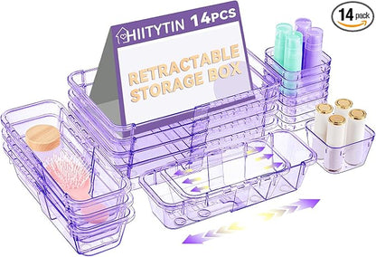 14 Pcs Adjustable Clear Drawer Organizer, Extendable Vanity Storage Bins by Hiitytin