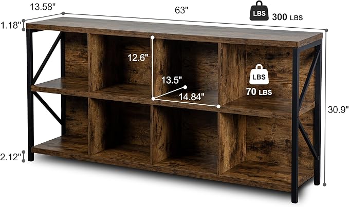 otlectics 2-Tier Bookcase with 8 Cubes, 63 Inch Industrial Horizontal Bookshelf - Image 2