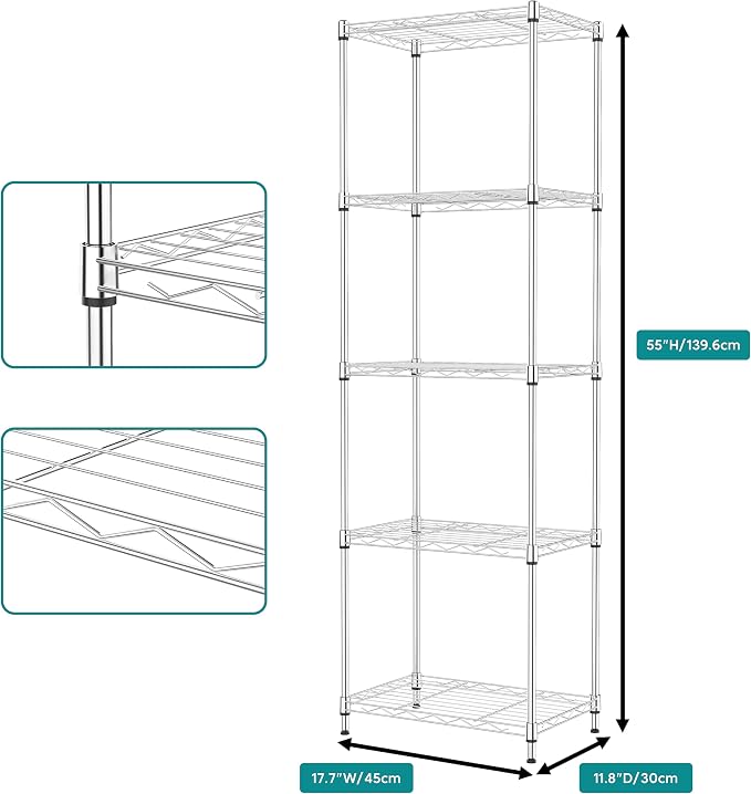 IZEUK 5 Tier Metal Wire Shelf Unit, Chrome Storage Rack Organizer - Image 3