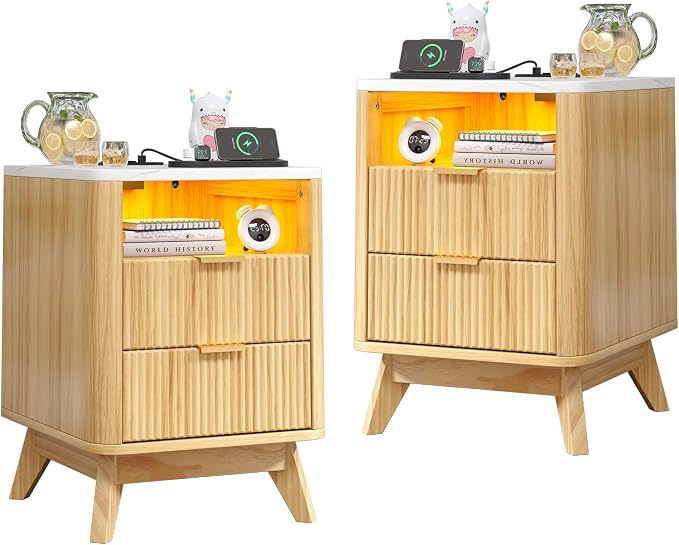 Nightstand with Charging Station, Fluted Nightstand with LED Lights, Modern by Airynee