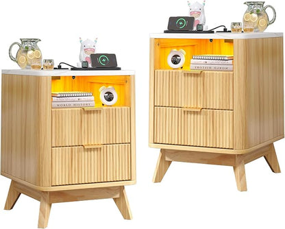 Nightstand with Charging Station, Fluted Nightstand with LED Lights, Modern by Airynee