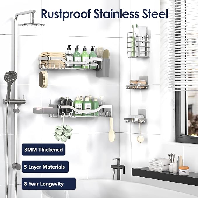 Shower Caddy Adhesive Shower Organizer 7-Pack, Rustproof Stainless Steel - Image 5