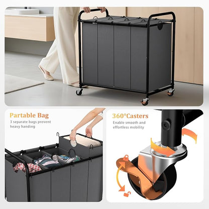 Laundry Sorter 4 Sections 48 Gal, Rolling Laundry Basket - Image 5