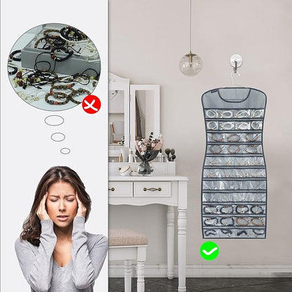 Hanging Jewelry Organizer Dual Sided 84 Clear Pockets and 6 Hook Loops Storage - Image 4