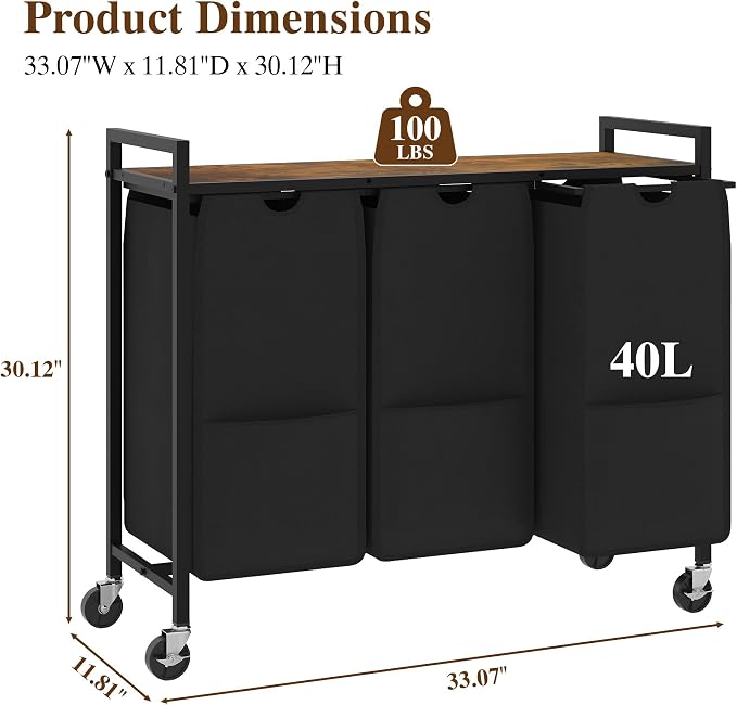 3-Section Laundry Hamper with Shelf Pull-Out Removable 12.8 gal Bags, Metal - Image 7