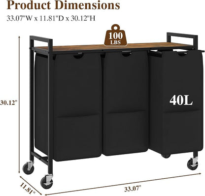 3-Section Laundry Hamper with Shelf Pull-Out Removable 12.8 gal Bags, Metal - Image 7