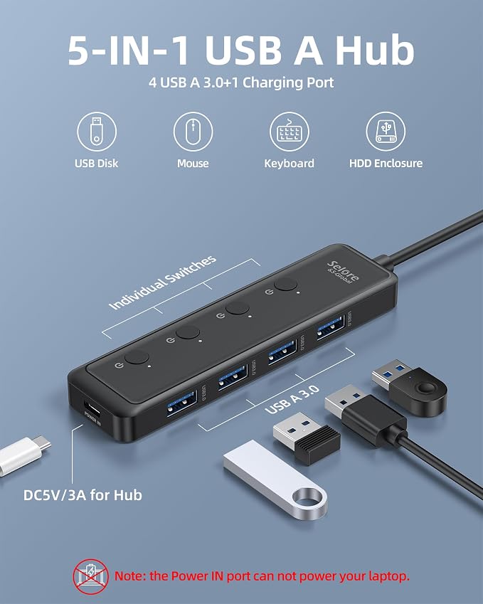 Selore USB 3.0 Hub, Selore 4-Port USB Hub Ultra-Slim Data USBA Splitter USBA - Image 2
