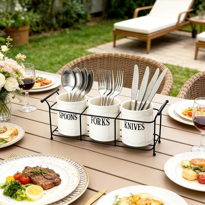 Bekith 3-Piece White Ceramic Silverware Caddy - Image 6
