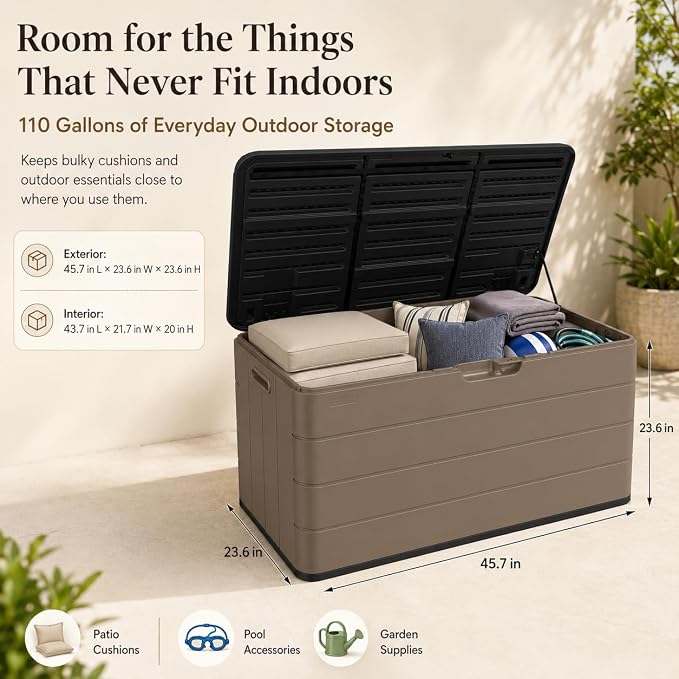 ADDOK 110 Gallon Outdoor Storage Box, Waterproof HDPE Resin Deck Box, Lockable - Image 2