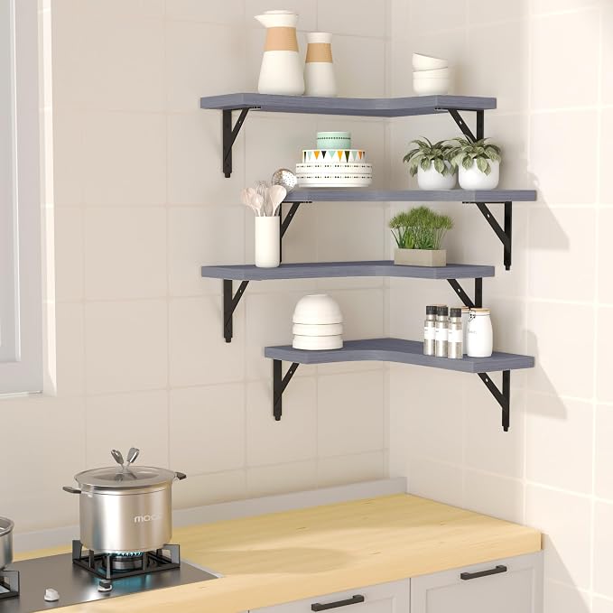 ROMGUAR CRAFT Corner Floating Shelves Wall Mounted Set of 4, Rustic Wood - Image 2