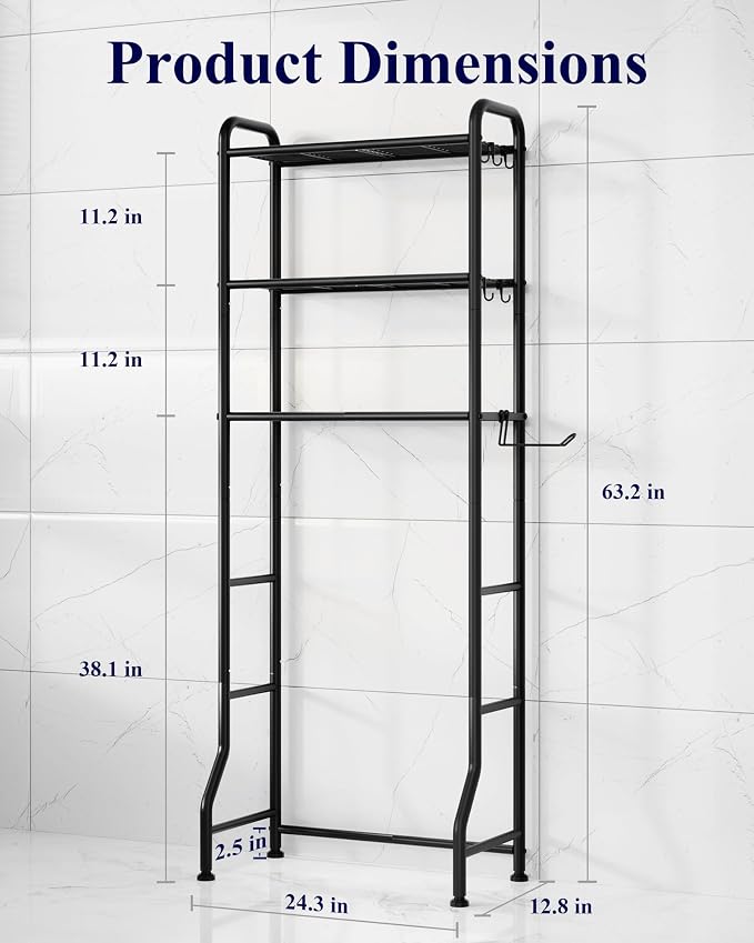 Kitsure Over Toilet Storage Rack, 63.2" H Space-Saving, Holder & Hooks | - Image 2
