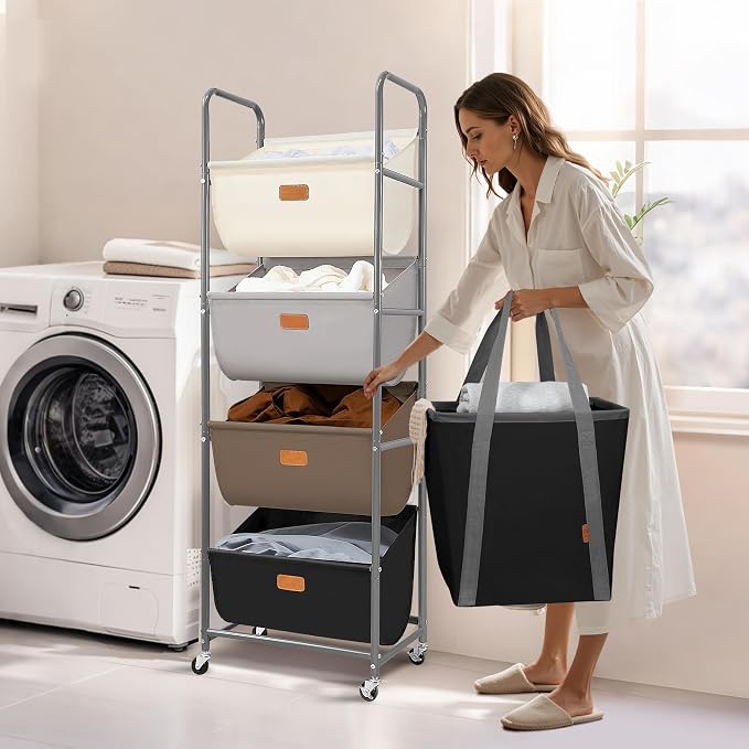 STORAGE MANIAC Vertical Rolling Laundry Hamper, 4 Section Laundry Sorter - Image 8