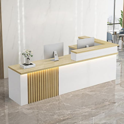 Receptionist Desk with LED Light，Wooden Salon Checkout Counter with Storage by Unknown