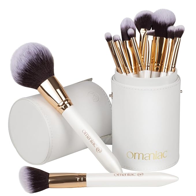 OMANIAC Makeup Brush Set Professional, 12 Pearlescent Wood Handle Makeup Brushes by OMANIAC