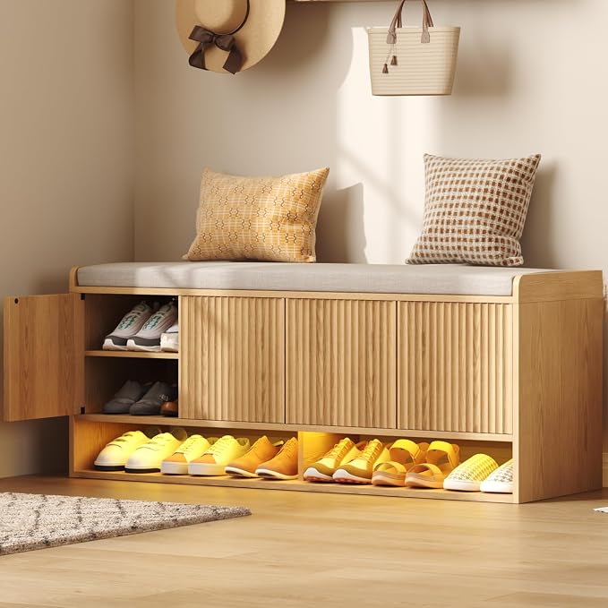 HOMEFORT 47.2" Fluted Shoe Storage Bench, Entryway Bench by HOMEFORT