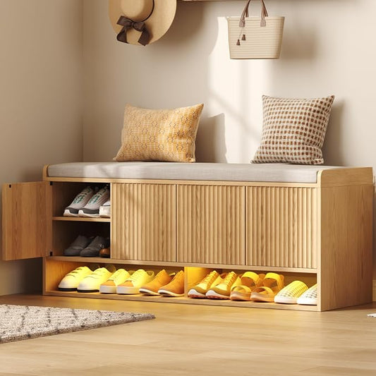HOMEFORT 47.2" Fluted Shoe Storage Bench, Entryway Bench by HOMEFORT