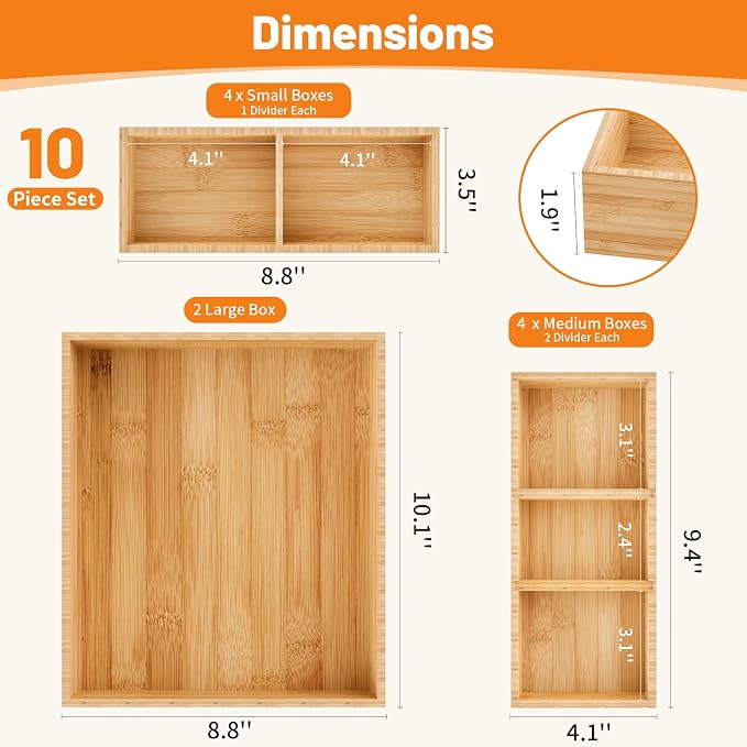 SpaceWhisper Bamboo Drawer Organizer, 10-Piece Drawer Divider - Image 2