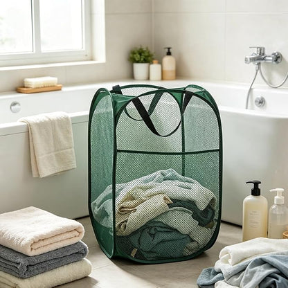 Larpur Pop Up Laundry Hamper Collapsible Mesh Clothes Basket, Dark Green | - Image 2