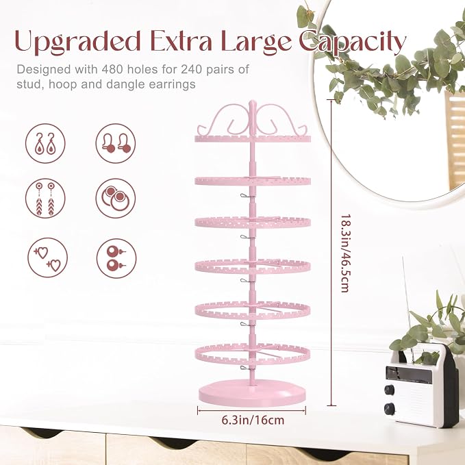 MODOWEY 6 Tier Rotating Earring Holder Organizer Stand, Adjustable Metal - Image 2