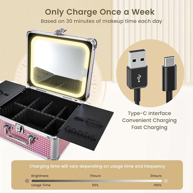 Makeup Case with Magnetic Lighted Mirror Makeup Organizer Box Travel Cosmetic - Image 9