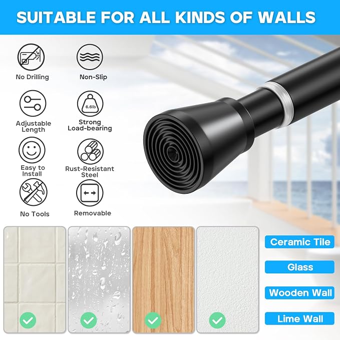 AIZESI Black Spring Tension Curtain Rods 28 to 48 Inch, Adjustable Curtain Rods - Image 5