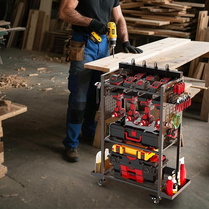 Power Tool Organizer Cart with 8 Power Outlet & Adjustable Storage, Garage - Image 8