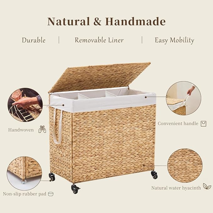 3-Section Laundry Hamper with Lid, Large Capacity Woven Natural Water Hyacinth - Image 7
