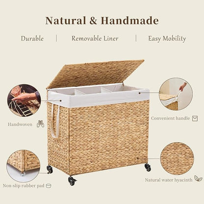 3-Section Laundry Hamper with Lid, Large Capacity Woven Natural Water Hyacinth - Image 7