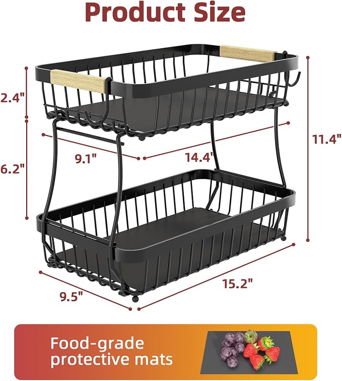 2-Tier Fruit Basket with Banana Hangers, Detachable Metal Bowl | Wooden handle - Image 7