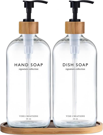 Vine Creations Clear Glass Soap Dispenser Set, Hand Soap and Dish Soap by VineCreations