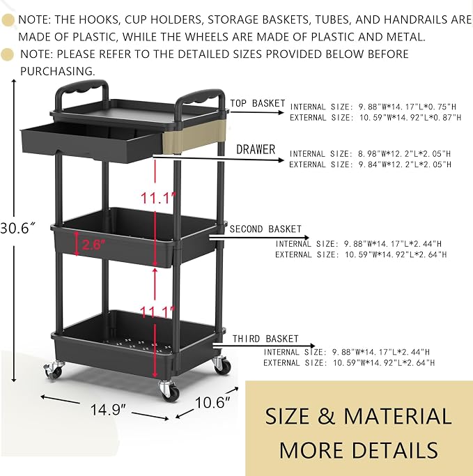 Goovilla 3 Tier Rolling Utility Cart Organizer - Image 8