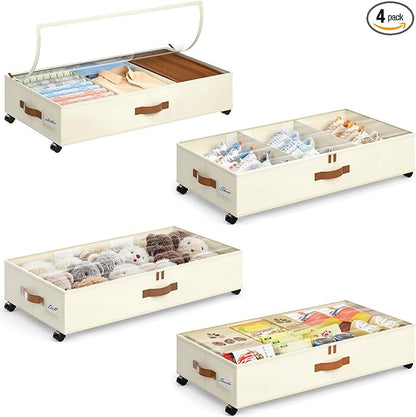 Yecaye Under Bed Storage with Wheels, 4 Pack Under Bed Storage Containers with by Yecaye
