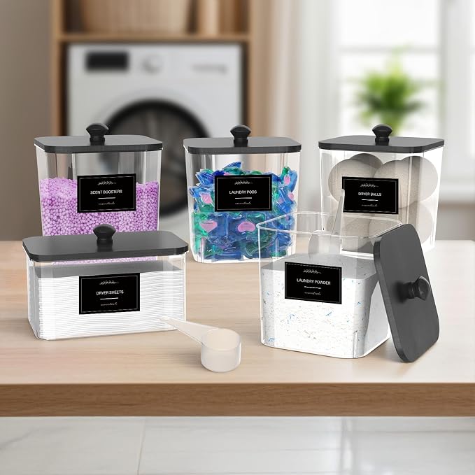 4+1 Pack Clear Laundry Pods Container & Dryer Sheet Holder, Plastic Square - Image 5