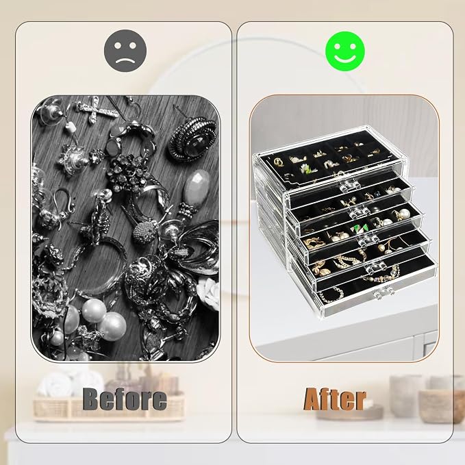 5 Drawers Clear Jewelry Box for Women and Girls, Acrylic Earring Holder - Image 6